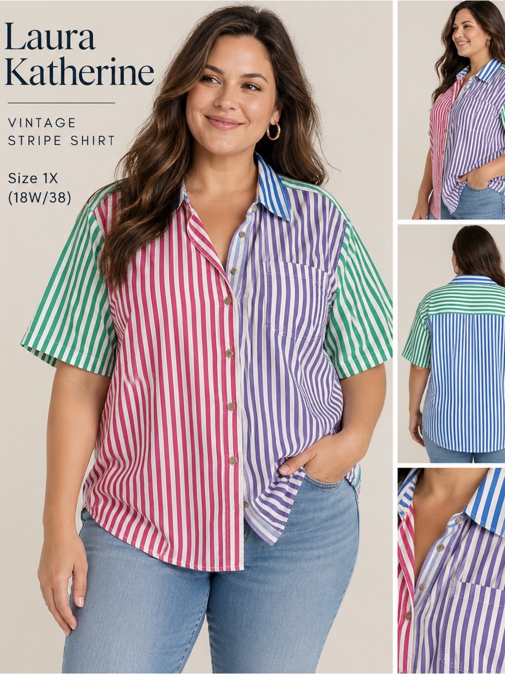 Vintage Laura Katherine 1X Multicolor Striped Button Front Top